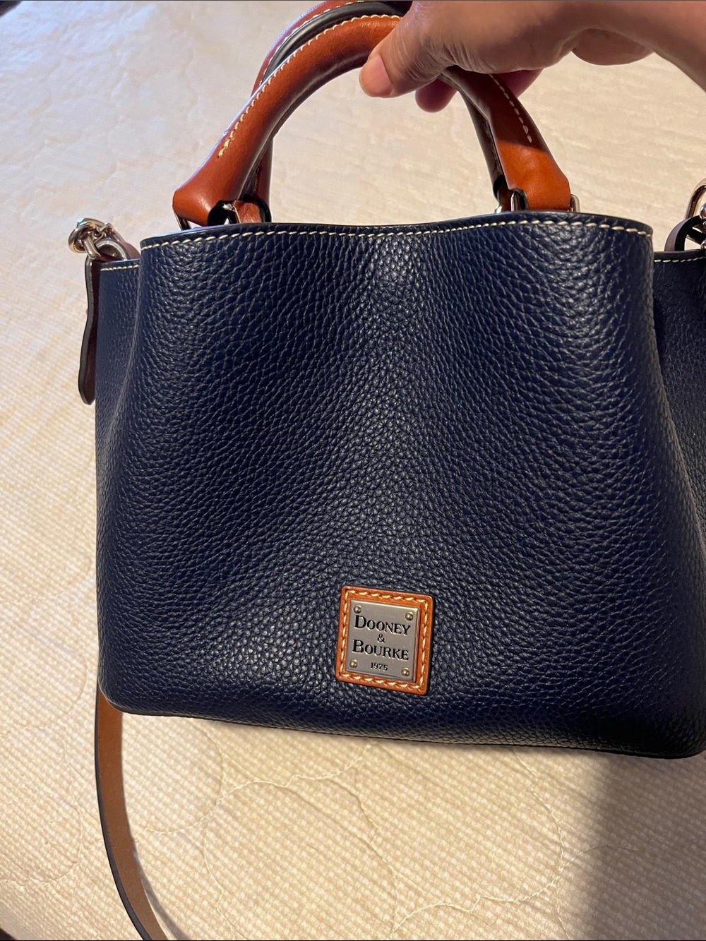 Dooney & Bourke Navy Pebble Leather Satchel with Cognac Trim